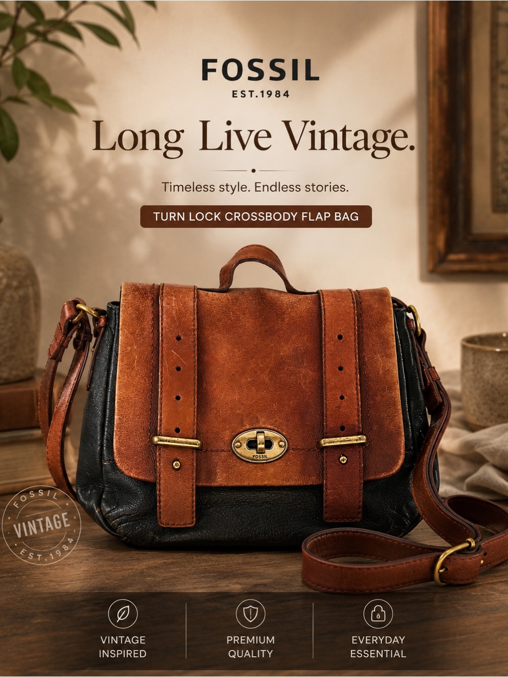 Fossil  Long Live Vintage Turn Lock Crossbody Flap Bag.